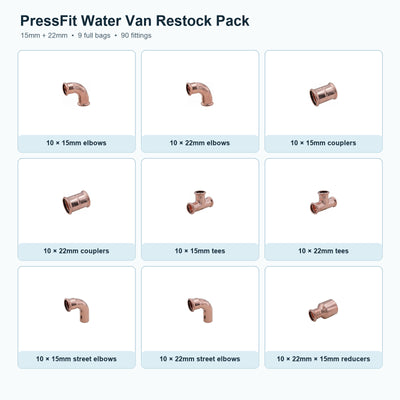 PressFit Water van restock pack showing 10 of each 15mm and 22mm fitting